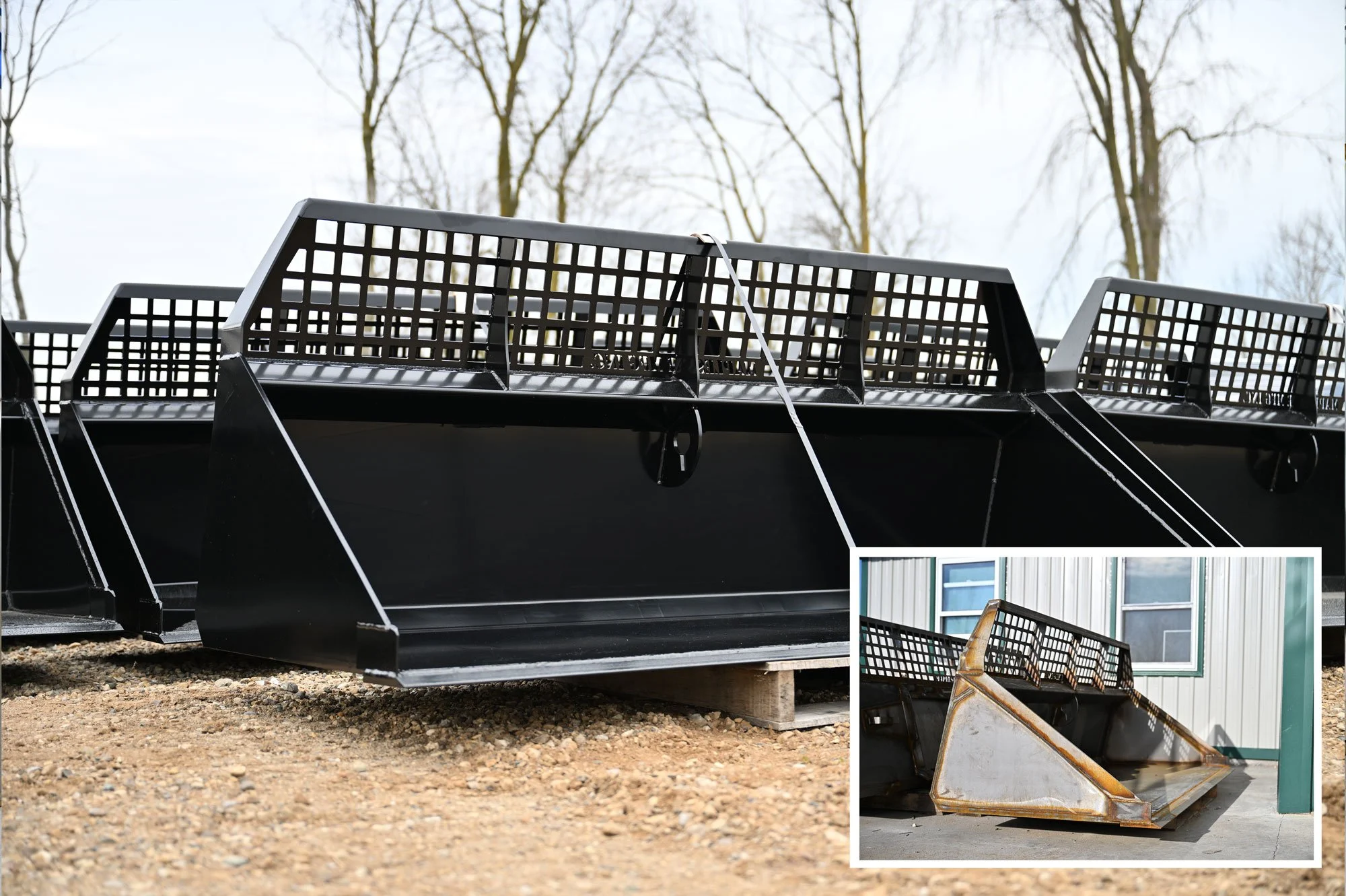 Refinished equipment buckets with a before inset