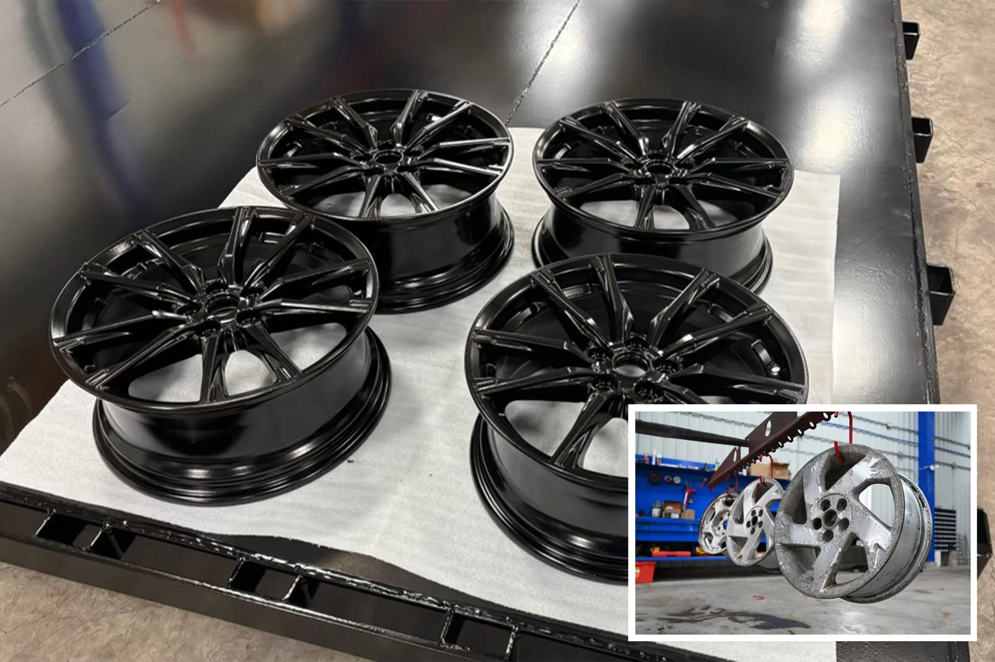 Refinished wheel rims with a before inset